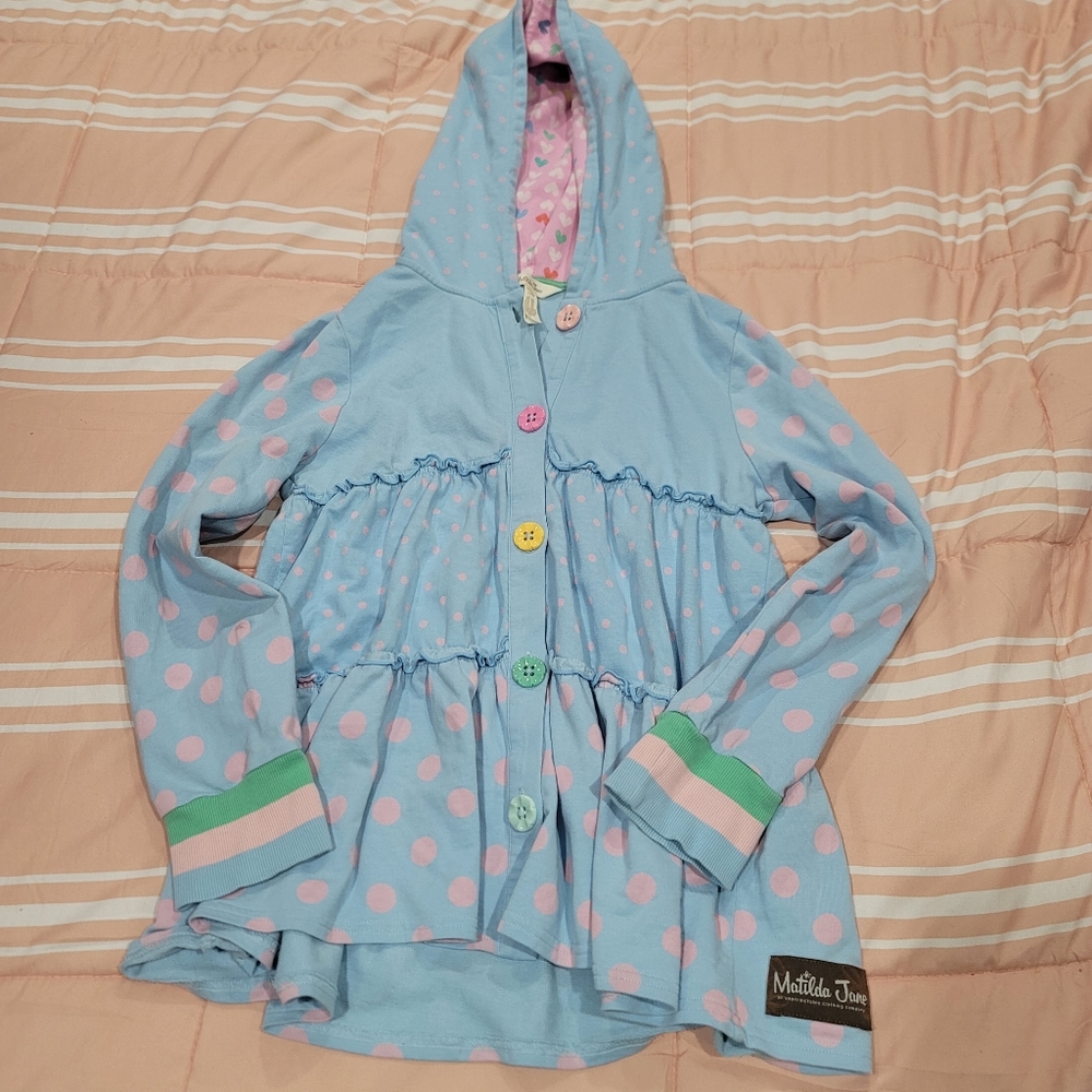 Matilda Jane hooded cardigan coat jacket Size 12 blue polka dots